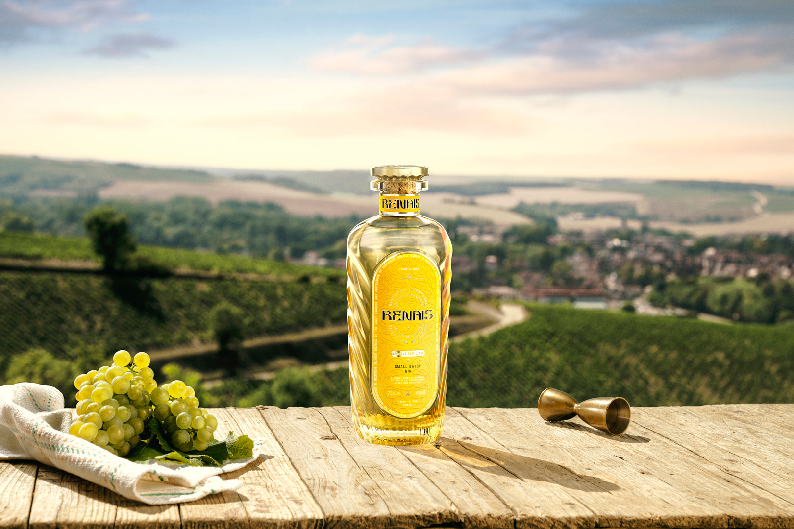 Renais First Edition Gin overlooking the vineyards of Northern France